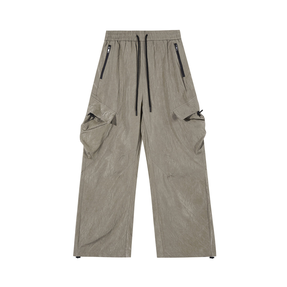 Khaki pleated textured cargo trousers with drawstring waist and side flap pockets