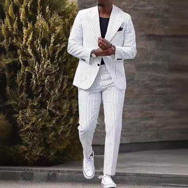 White pinstripe dress trousers, slim tapered fit, belt loops and zip fly