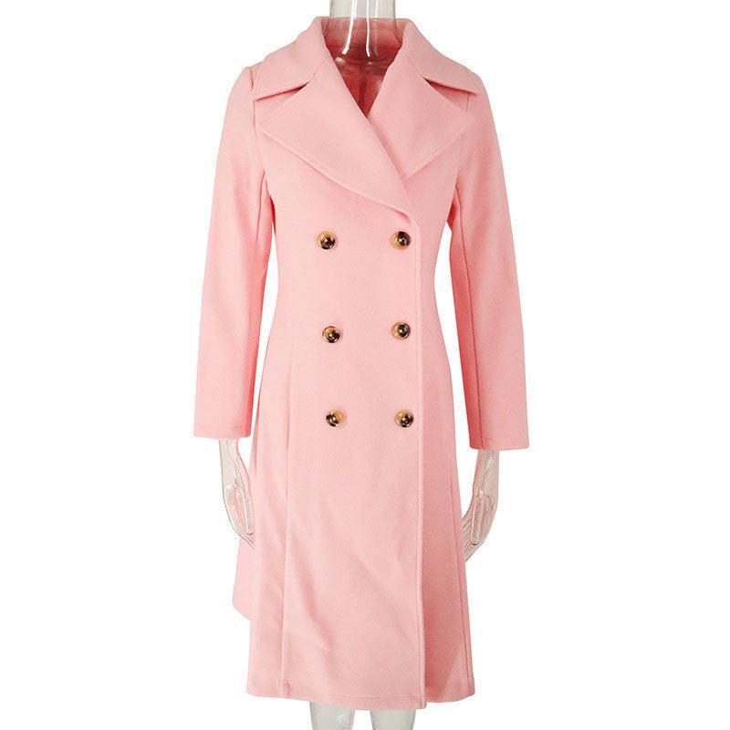 Pink double-breasted coat with notched lapels, gold buttons, long sleeves