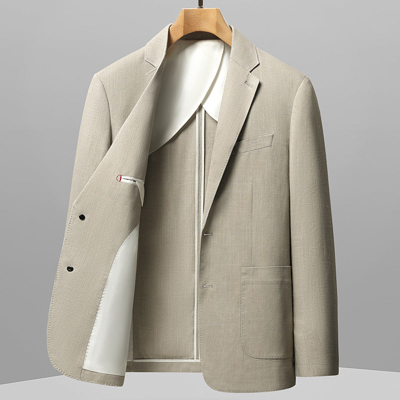 Beige single-breasted slim-fit blazer with notch lapels and chest pocket