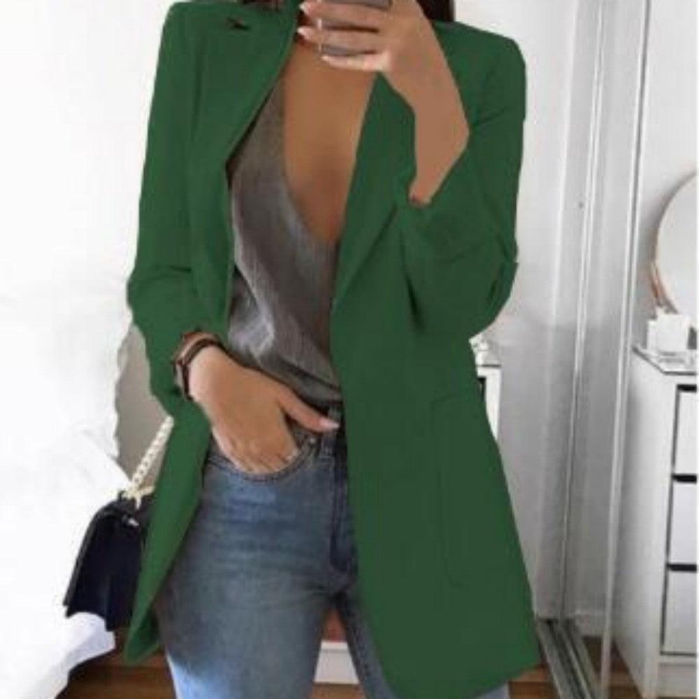 Women's green suit blazer with notched lapels, long sleeves, single-breasted front