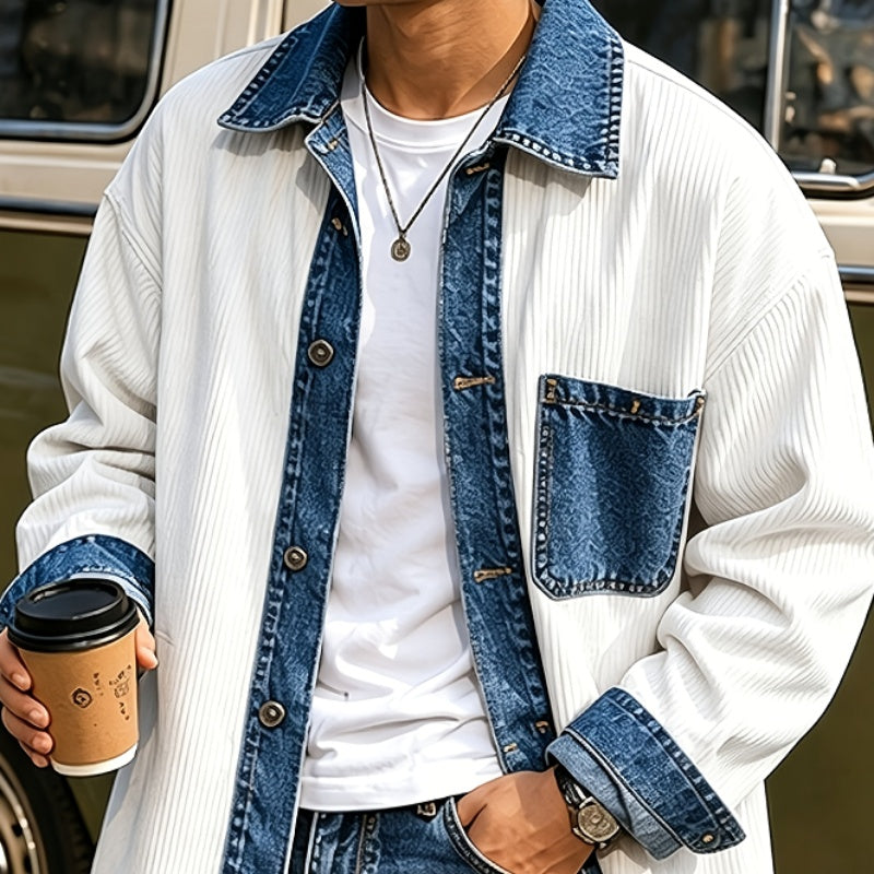 White denim patch lapel coat with chest pocket and snap-button front