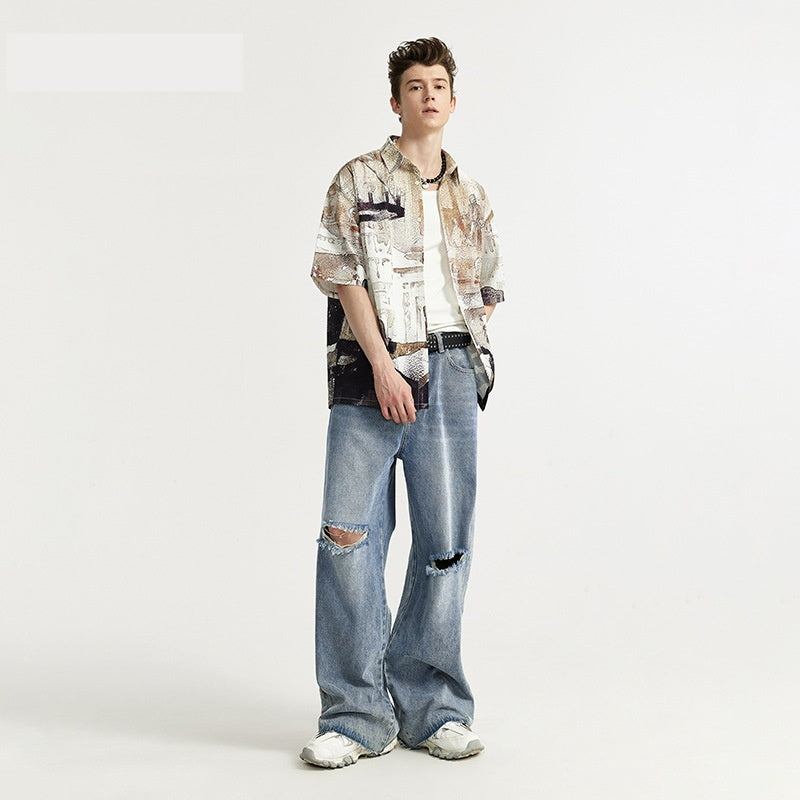 Men's Wear Ripped Washed Wide-leg Jeans - WOMONA.COM