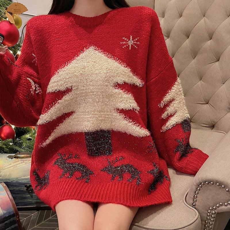 Women's mid-length Christmas sweater, red knit with white tree and snowflake pattern