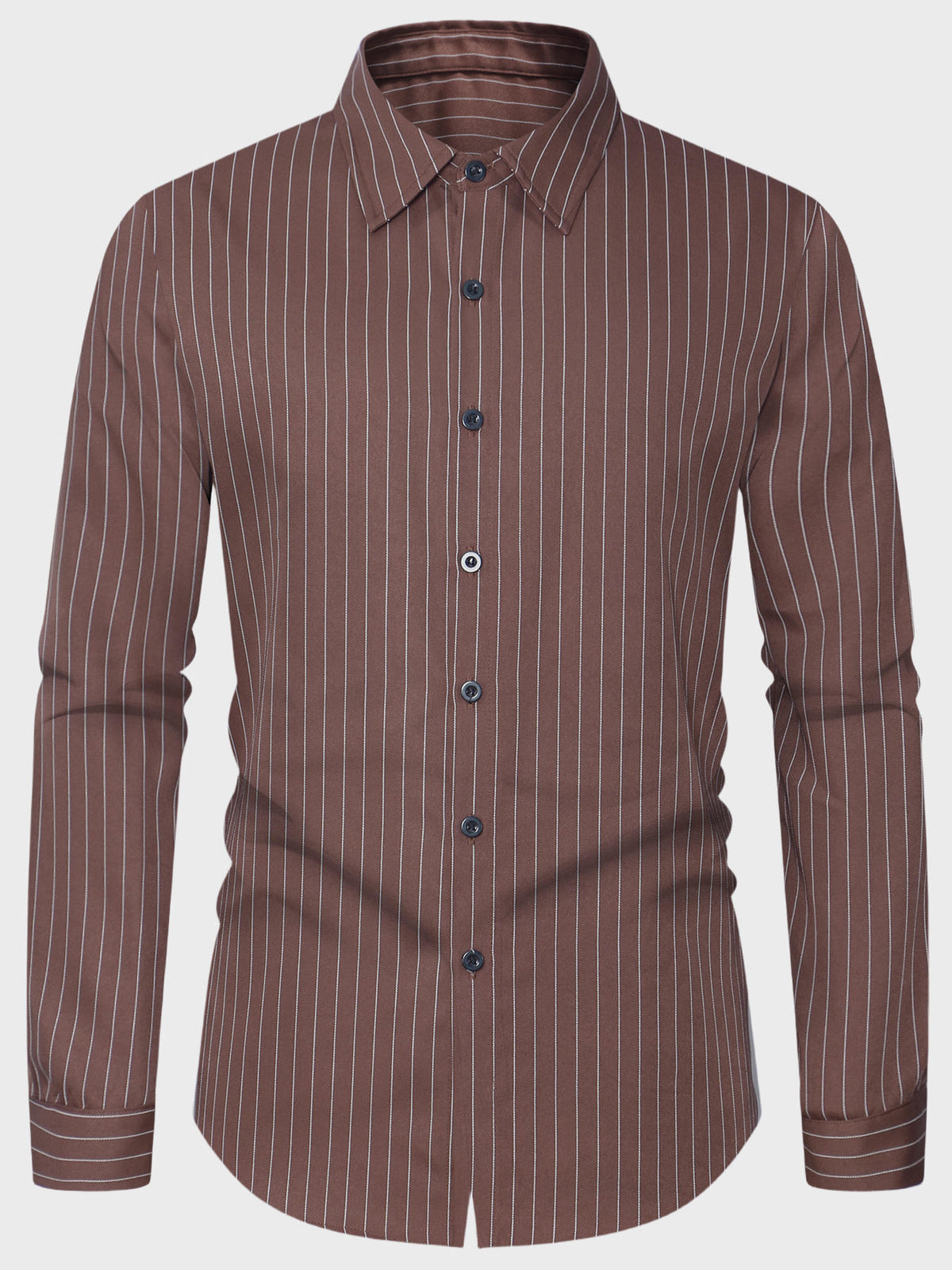Mens brown striped dress shirt with button-down collar and blue buttons