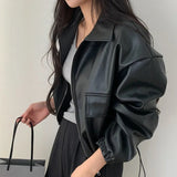 Lapel Double Zipper Pocket Long Sleeve Leather Coat - WOMONA.COM