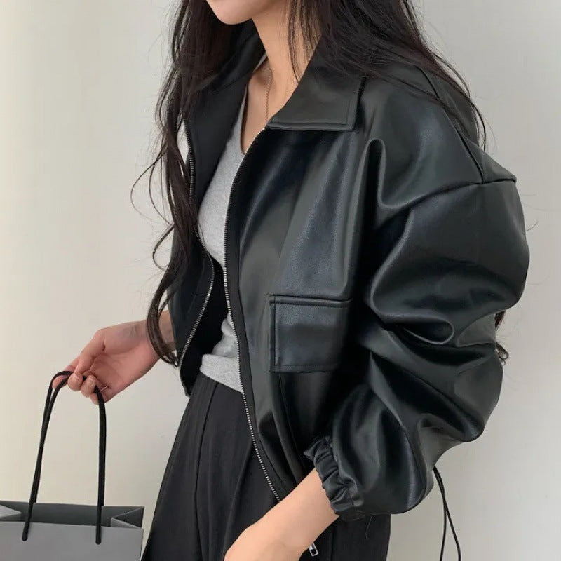 Lapel Double Zipper Pocket Long Sleeve Leather Coat - WOMONA.COM