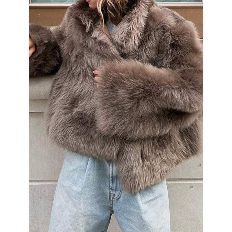 Taupe-brown plush fur coat with stand collar, long sleeves, open front