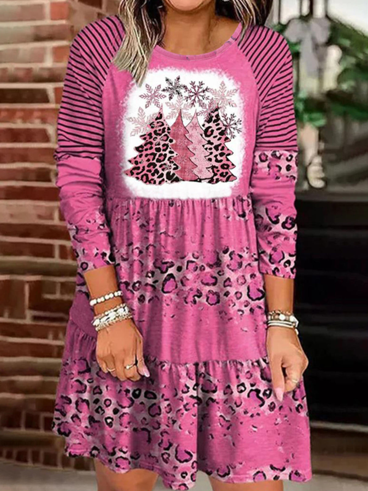 Plus Size Christmas Tree Tiered Knit Dress — pink Christmas tree dress worn on model
