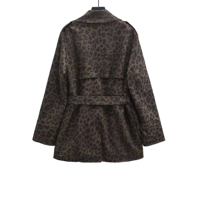 Print Lapel Closing Belt Long Sleeve Coat