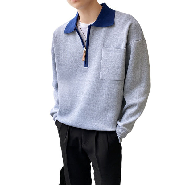 Men's Half Zipper Loose Polo Collar Sweater - WOMONA.COM