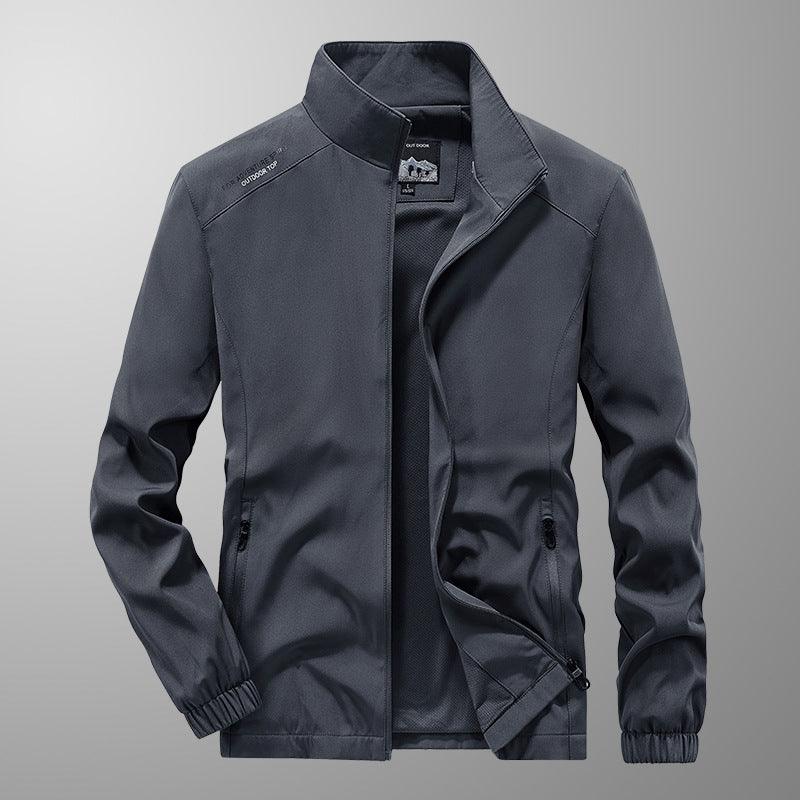 Men's dark gray full-zip casual jacket with stand collar and elastic cuffs