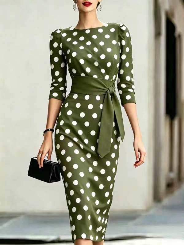 Women's polka-dot tie-waist bodycon midi dress