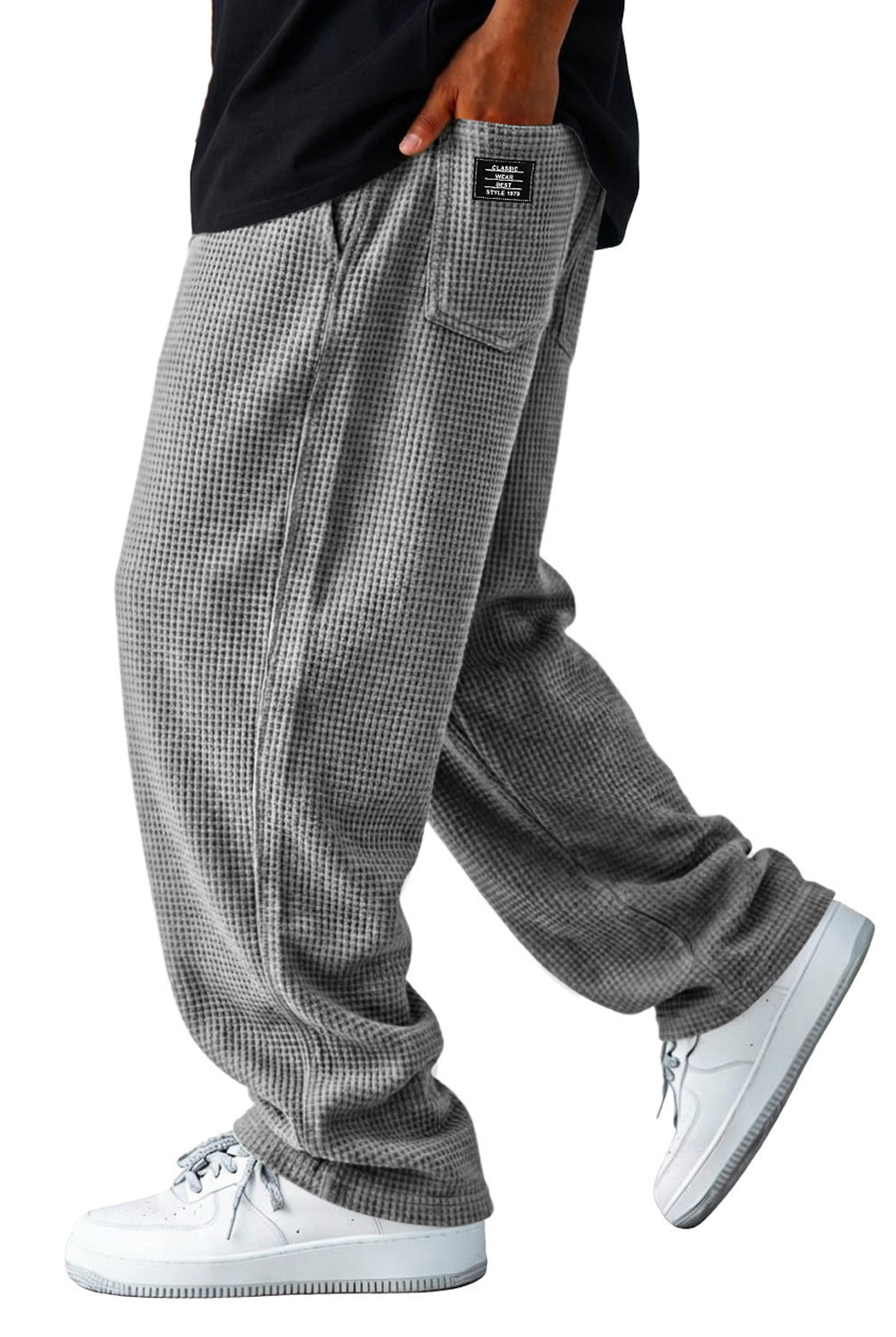 Wide-leg checkered casual pants with elastic waistband and side pocket, medium gray