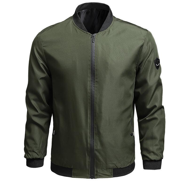 Army green men's bomber coat with stand collar, full-zip front, ribbed cuffs and hem