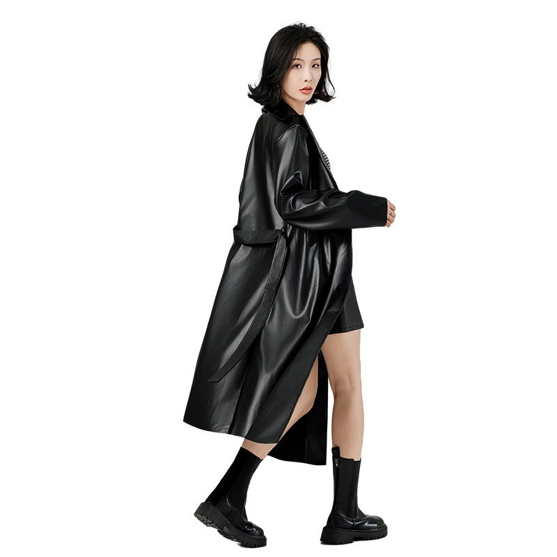 Extra Long Bathrobe Leather Wind Coat Women's - WOMONA.COM