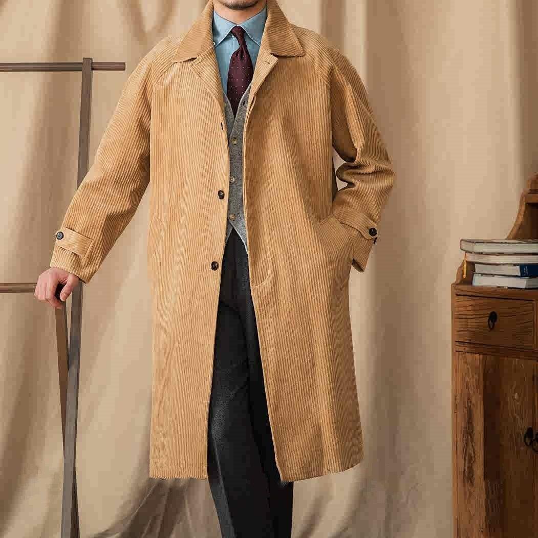 Khaki corduroy long coat with button front, wide collar, and side pockets