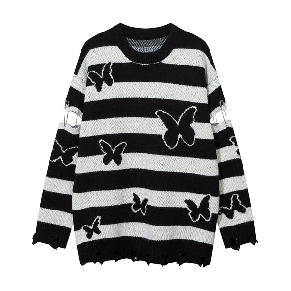 Striped Contrast Color Butterfly Round Neck Sweater - WOMONA.COM