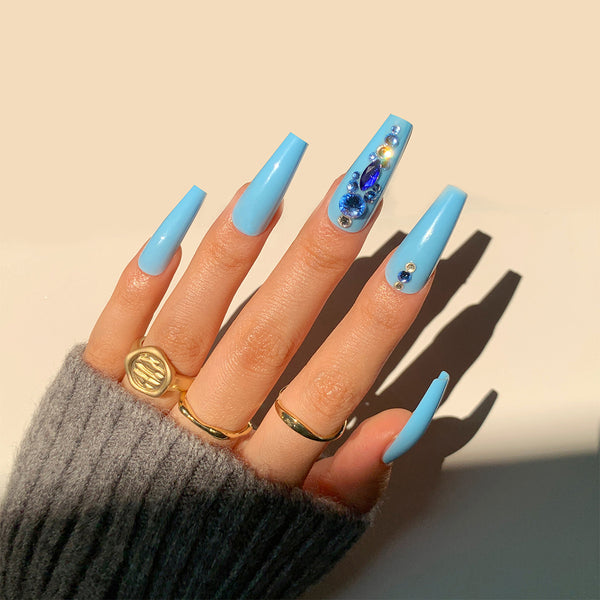 Fake Nails Full Diamond Series Wear Dark Blue White - WOMONA.COM