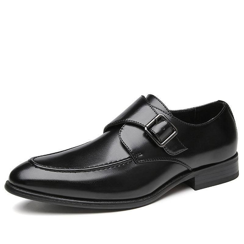 Black leather buckle dress shoe, side strap with metal buckle and stitched edge