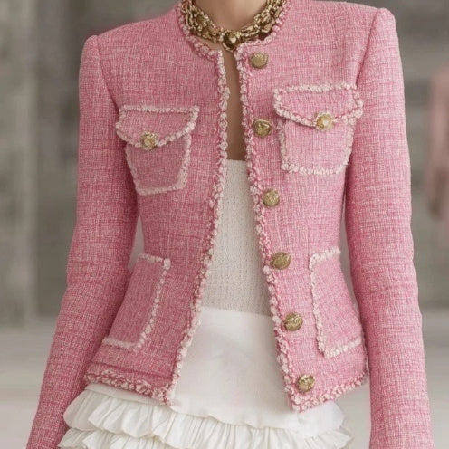 Pink tweed patchwork button jacket with white trim, gold buttons, two chest pockets