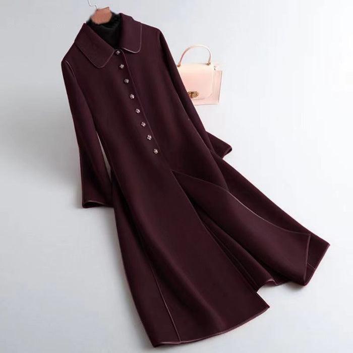 Burgundy long below-knee coat with pointed collar and silver-tone button row