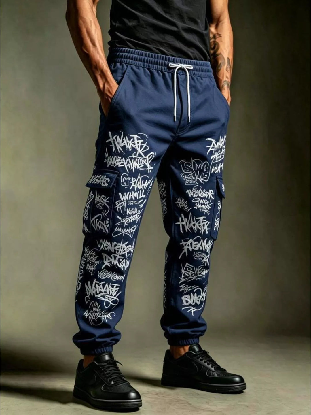 Men's Graffiti Print Cargo Joggers – Plus Size