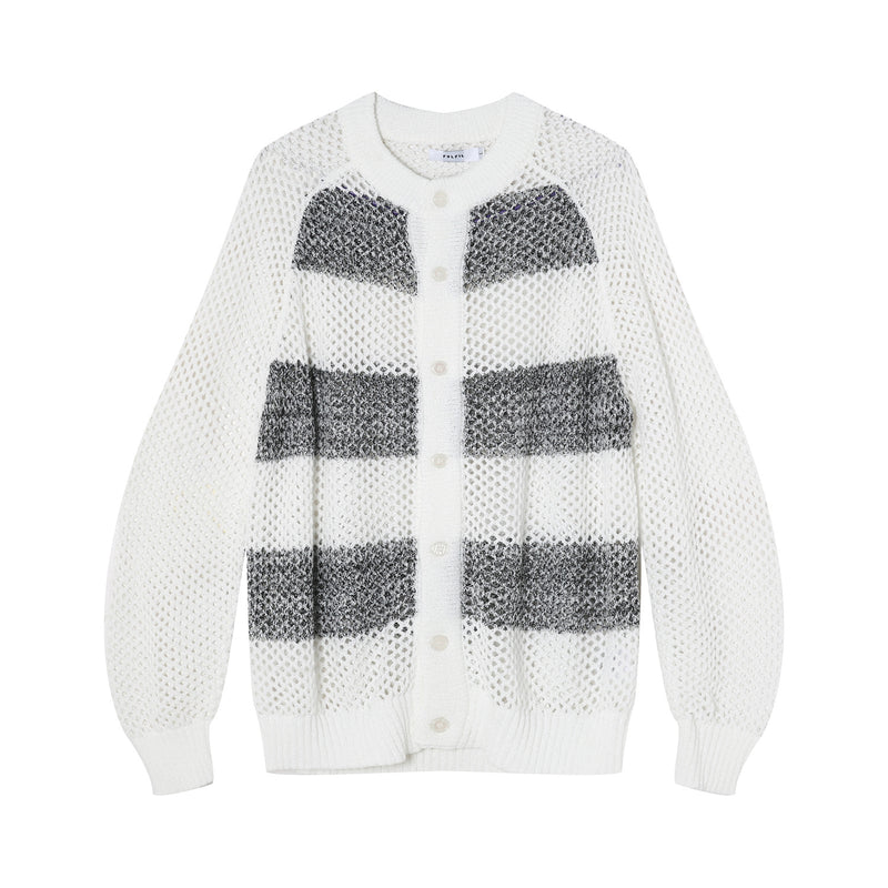 Contrast Color Striped Hollow Knitted Sweater Coat Ins - WOMONA.COM