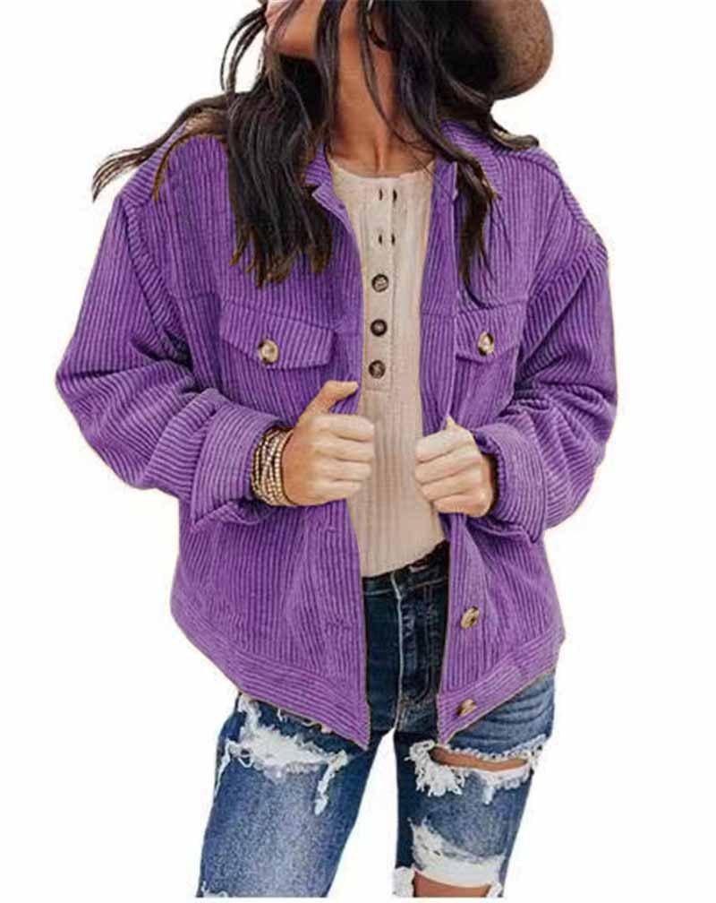 Women's solid color jacket in purple, button front with chest pockets and snap cuffs