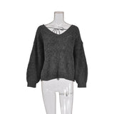 Long-sleeved V-neck strappy casual loose sweater - WOMONA.COM