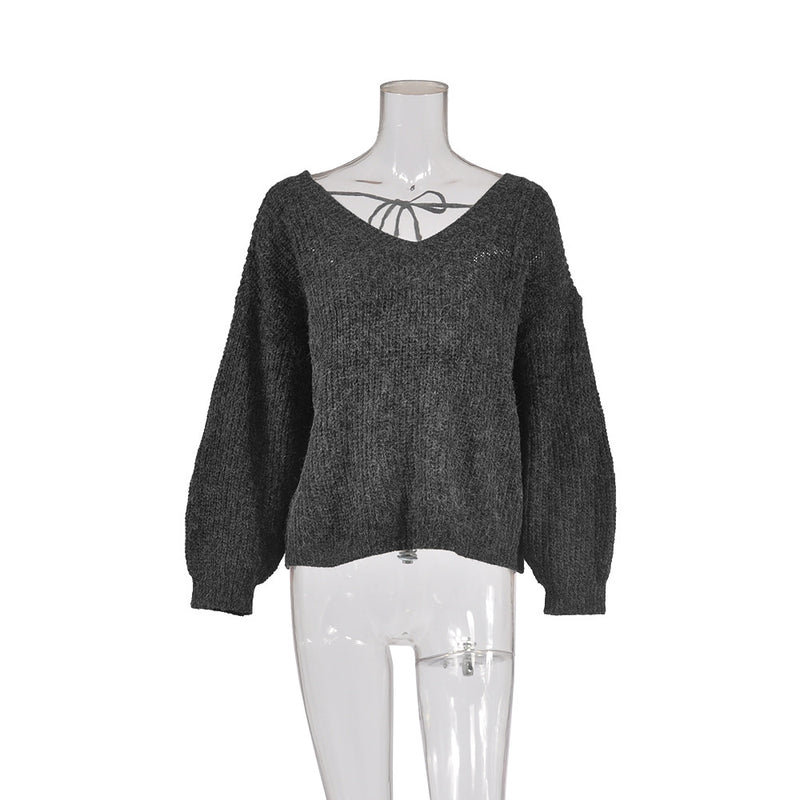 Long-sleeved V-neck strappy casual loose sweater - WOMONA.COM