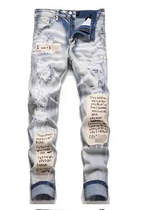 Men's slim light-blue jeans with ripped knees, elastic waistband, and text graphic prints