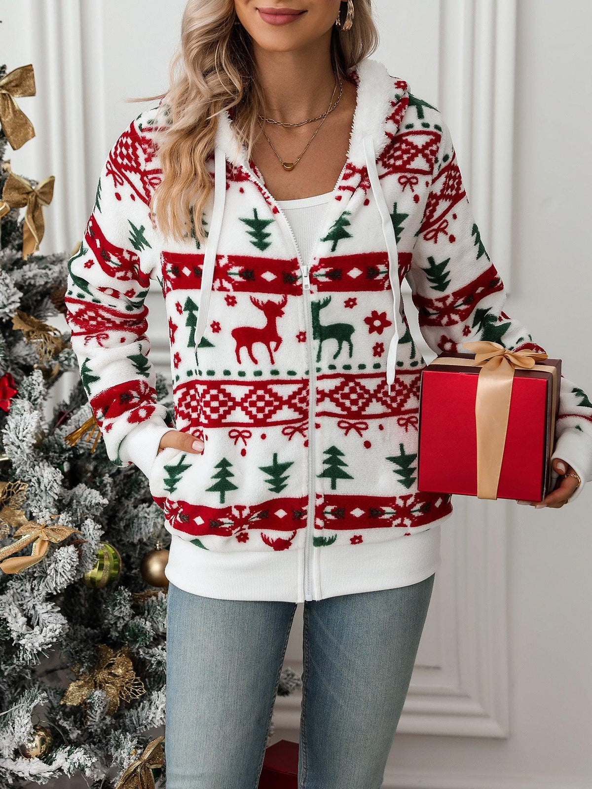 White plush zip-up cardigan hoodie with Christmas print, front zip and kangaroo pockets