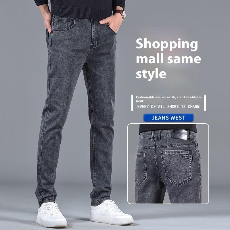 Gray slim-straight stretch jeans with belt loops, zip fly, and 5-pocket design