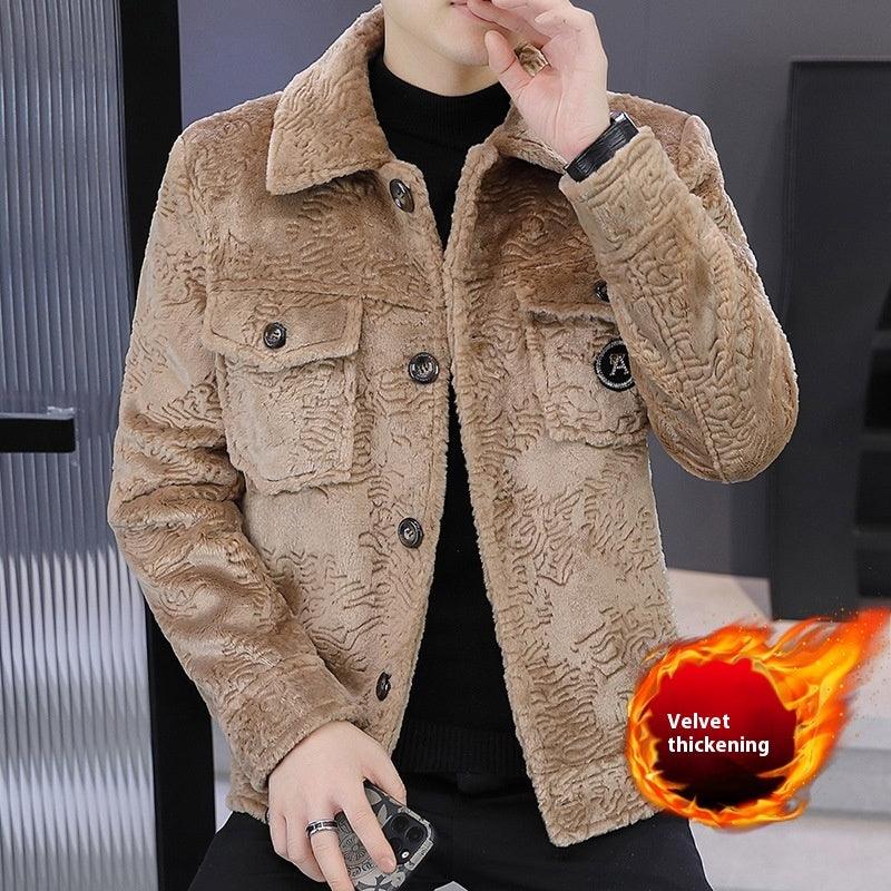 Men's fleece-lined short coat, apricot textured fabric, button-front and two chest pockets