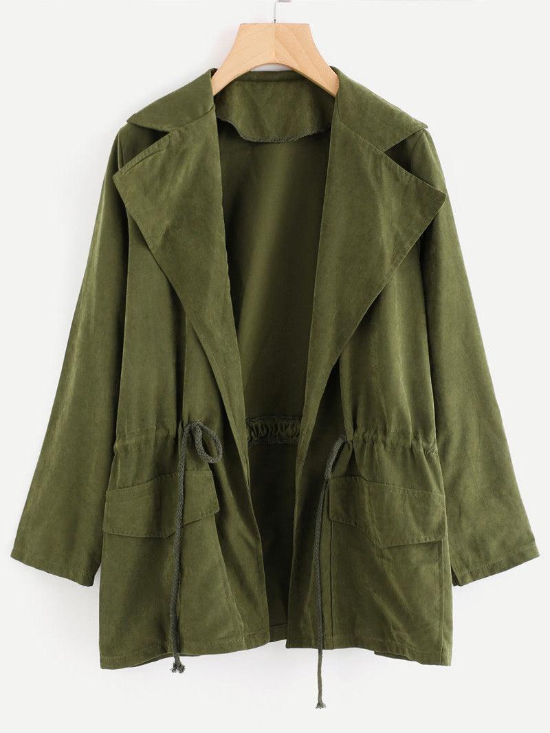Army green lapel windbreaker coat with flap pockets and drawstring hem