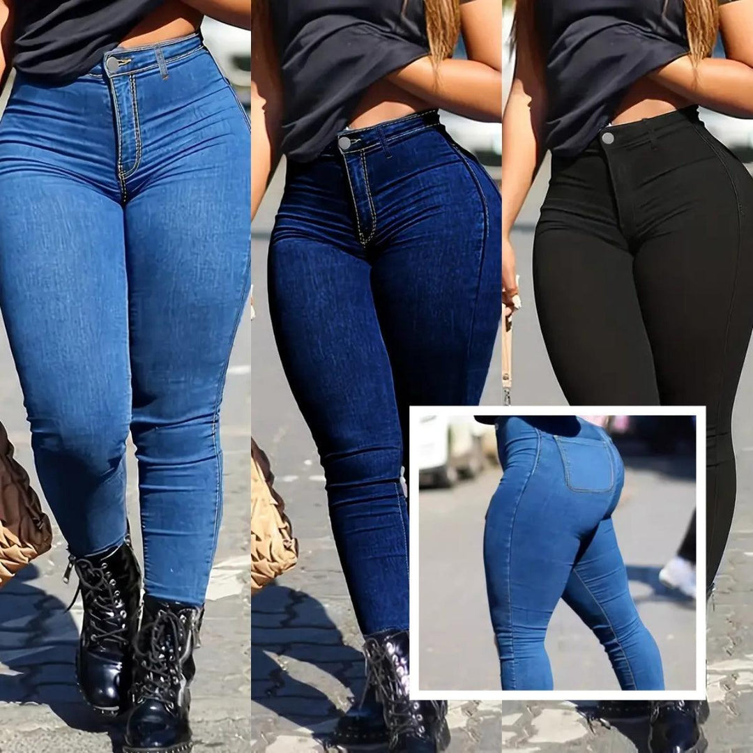 Light blue skinny-fit denim jeans with mid-rise waist and back yoke seam