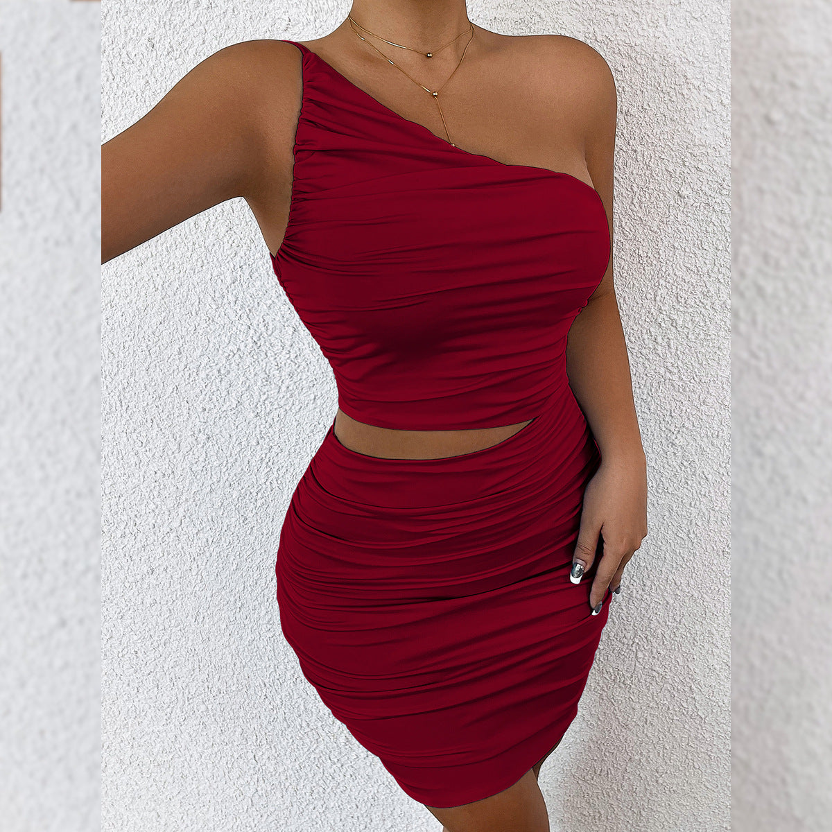 Ruched mini sheath dress, one-shoulder, waist cutout, wine red