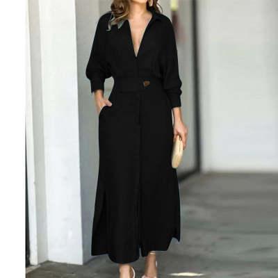 Black long-sleeve shirt dress with high waist, button front, and side pockets