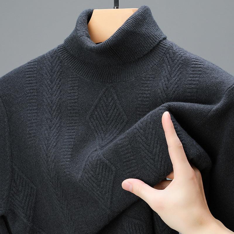 Youth turtleneck sweater in dark gray knit with diamond and cable texture pattern