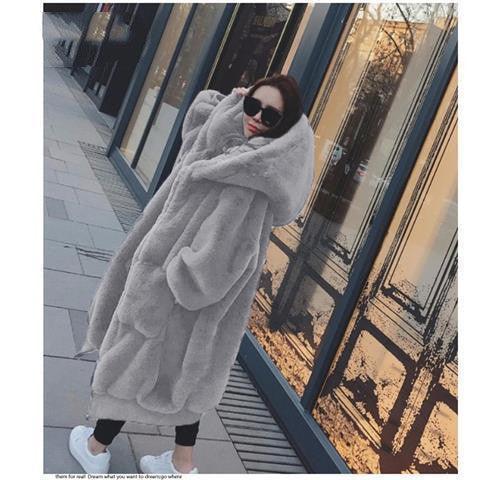 Women’s long hooded fur coat with thick plush texture, light gray