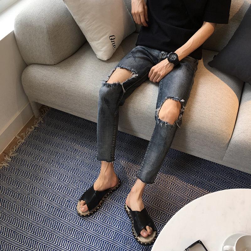 High Street Ripped Knee Jeans Cropped Pants Men - WOMONA.COM