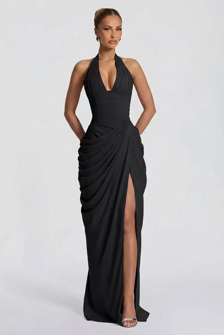 Black halter mermaid evening gown with draped waist and front side slit