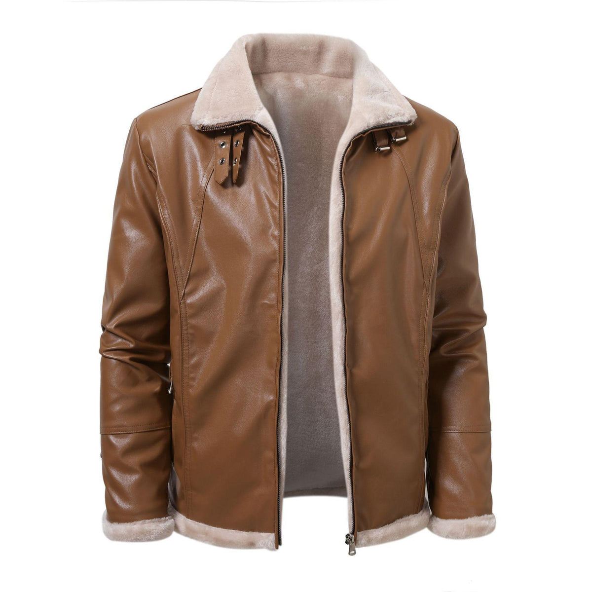 Khaki PU leather men's coat with shearling-style collar, zip front, and side pockets