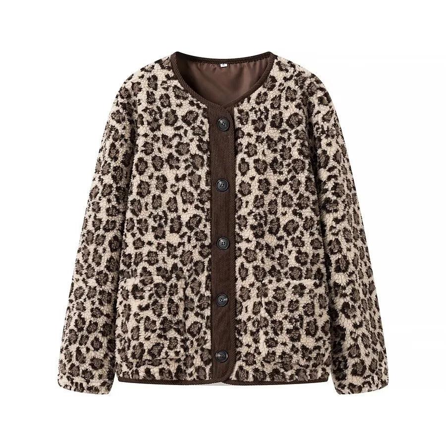 Fuzzy leopard print button-up coat with brown contrast placket and buttons