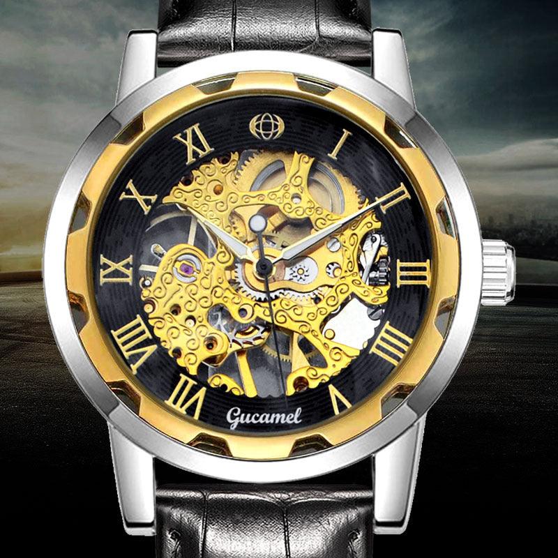 Mechanical skeleton watch with gold movement, black leather strap, Roman numerals