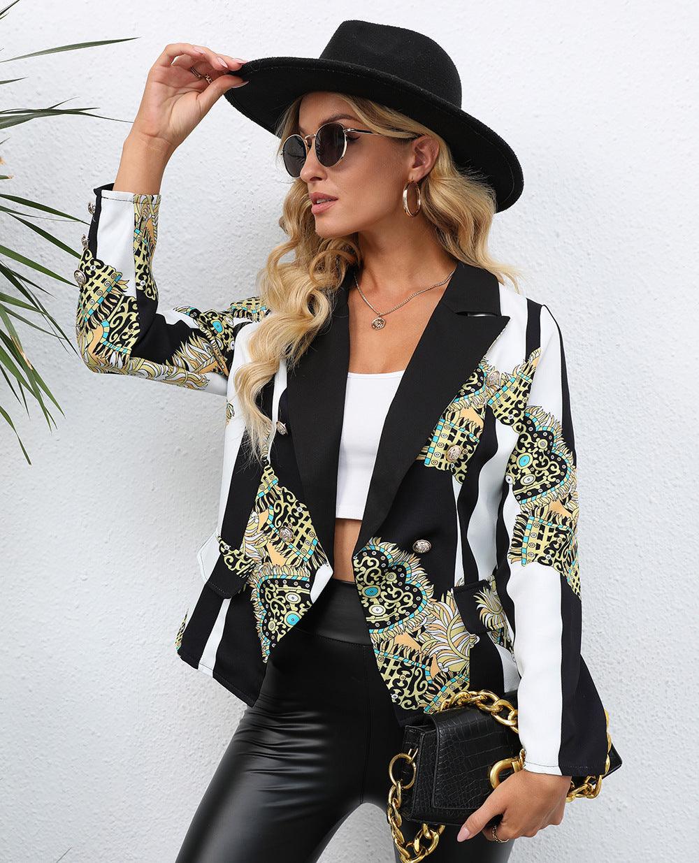 Ladies Fashion Print Lapel Small Blazer - WOMONA.COM