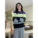 Loose Round Neck Contrast Large Striped Sweater - WOMONA.COM