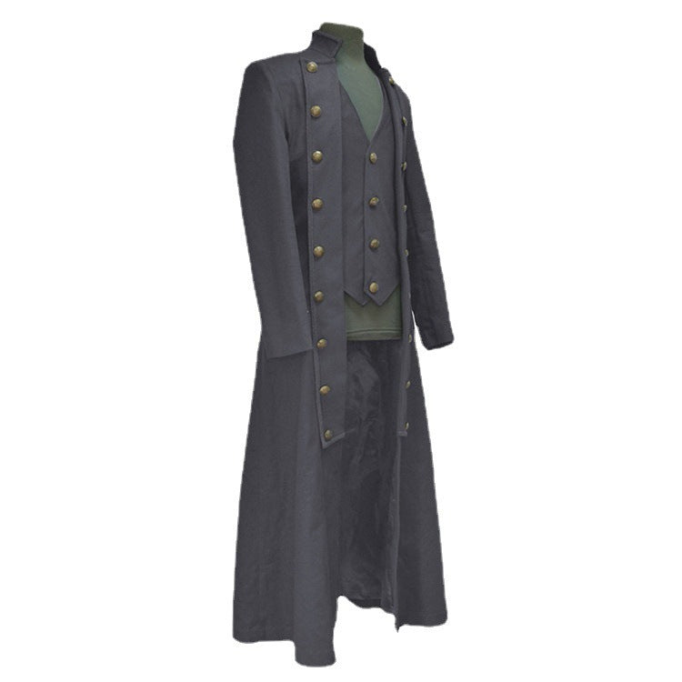 Men's Long Sleeve Stand Collar Three Row Button Coat - WOMONA.COM