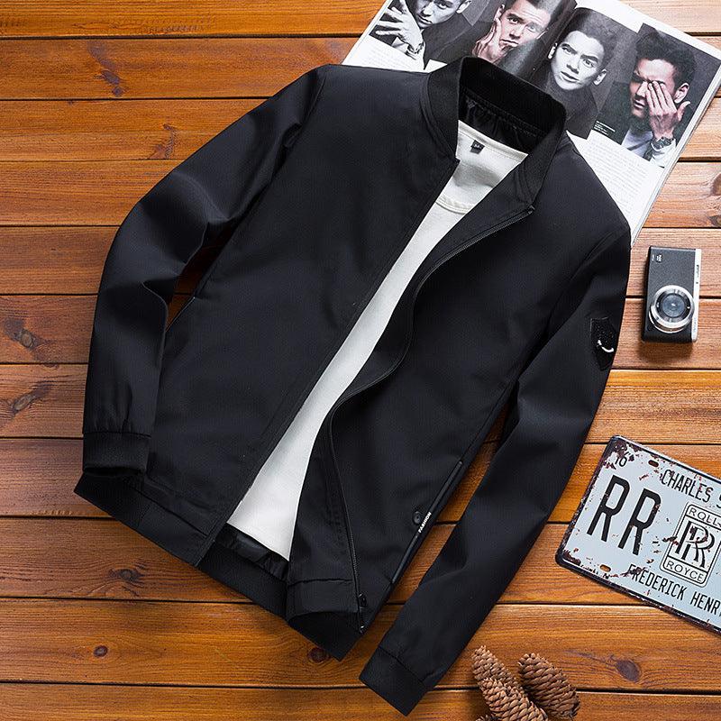 Men's slim-fit black coat jacket with front zipper and stand collar
